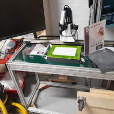 a robot sits on a table